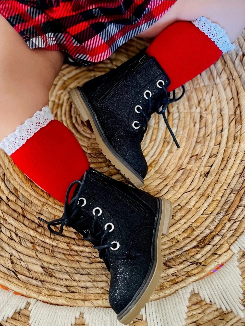 Bums & Roses Toddler Girls' Black Onyx Lace-Up Glitter Ankle Boots Size 6